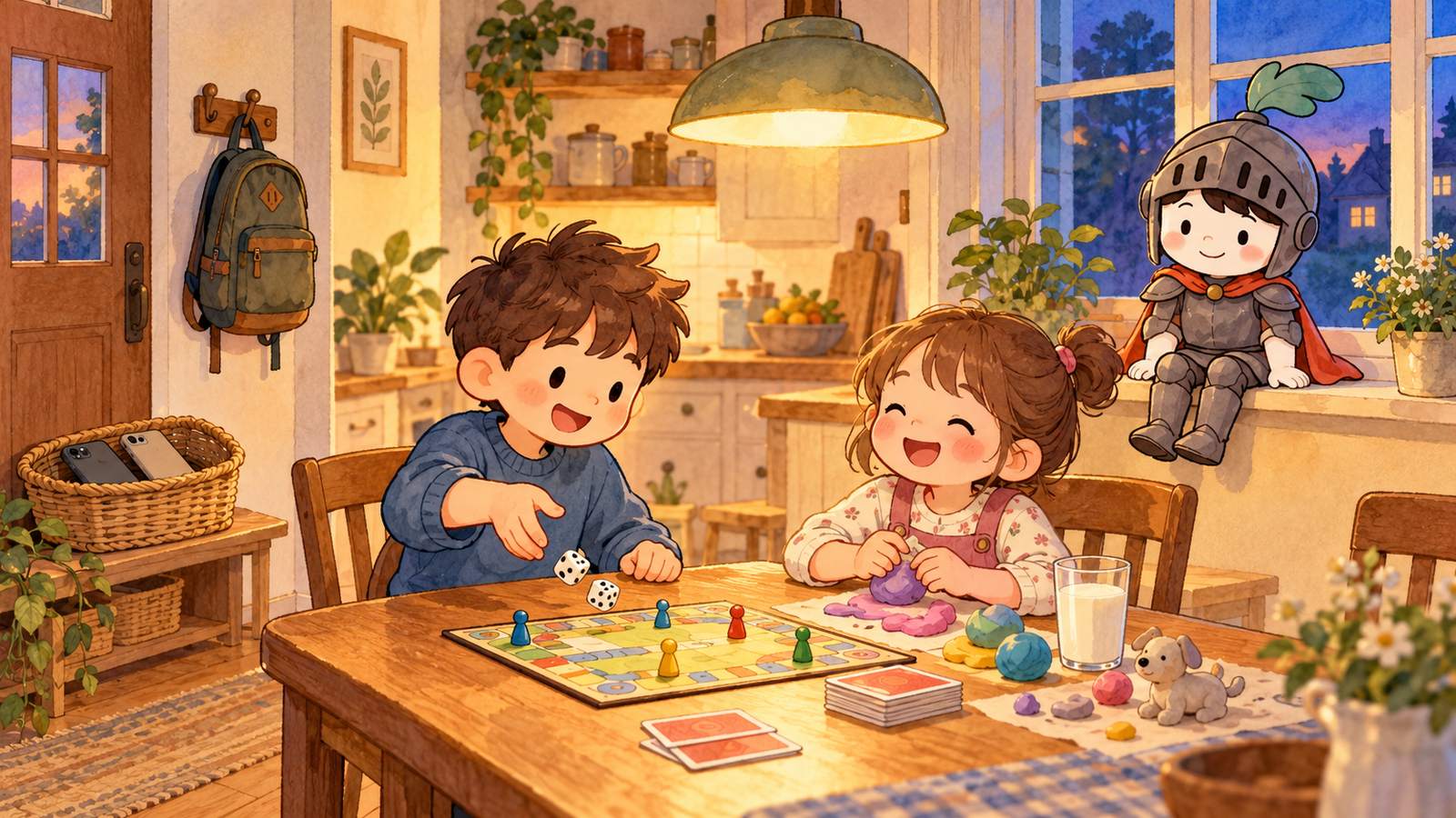 Evening in the kitchen: phones rest in a basket by the door, a brother rolls the dice for a board game, his sister sculpts play dough, and the Gardion knight sits on the windowsill.
