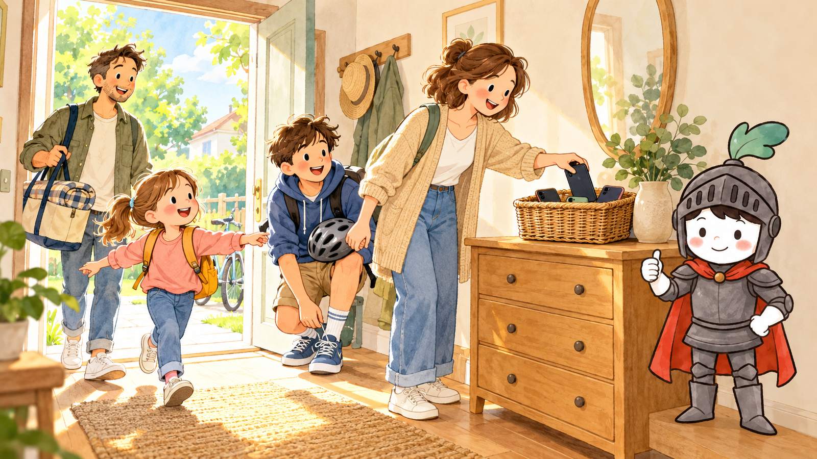 Saturday morning in the hallway: Mom drops her phone into a wicker basket on the dresser, the teen ties his sneakers with a bike helmet in hand, the younger sister pulls everyone toward the door, Dad heads out with a bag, and the Gardion knight gives a thumbs-up.