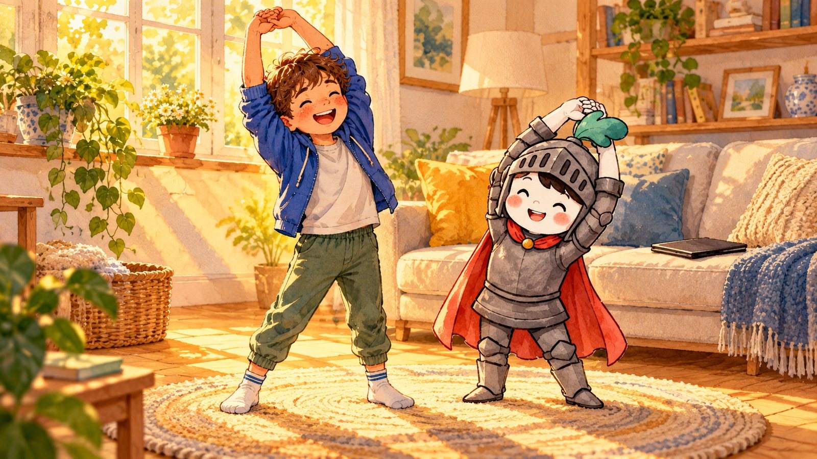 On a bright afternoon in the living room, a boy of about eight stretches his arms overhead, copying the Gardion knight, while a tablet lies face down on the couch.