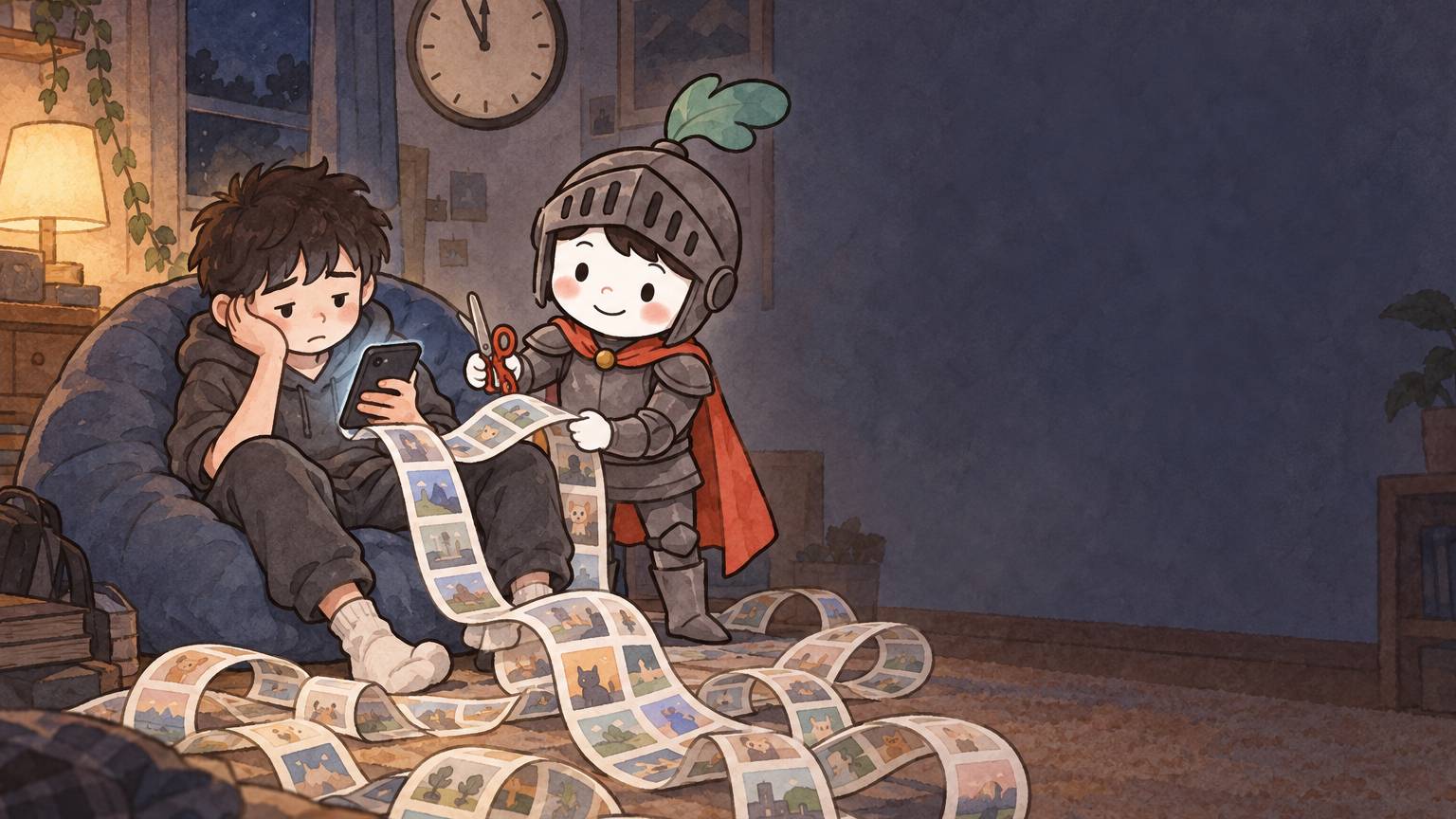 Near midnight, a teenager slumps in a beanbag with his phone while an endless ribbon of pictures spills across the floor and the Gardion knight stands by with scissors.