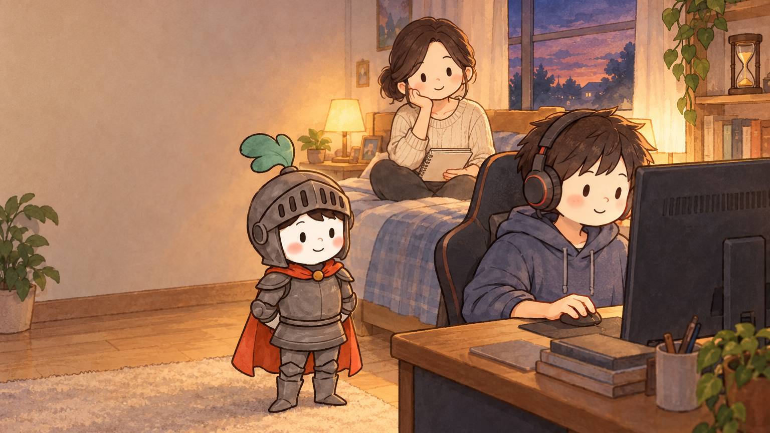 A teen in a gaming headset finishes a match at his computer while his mom sits on the bed behind him with a notebook, an hourglass rests on a shelf, and the Gardion knight stands in the middle of the room.