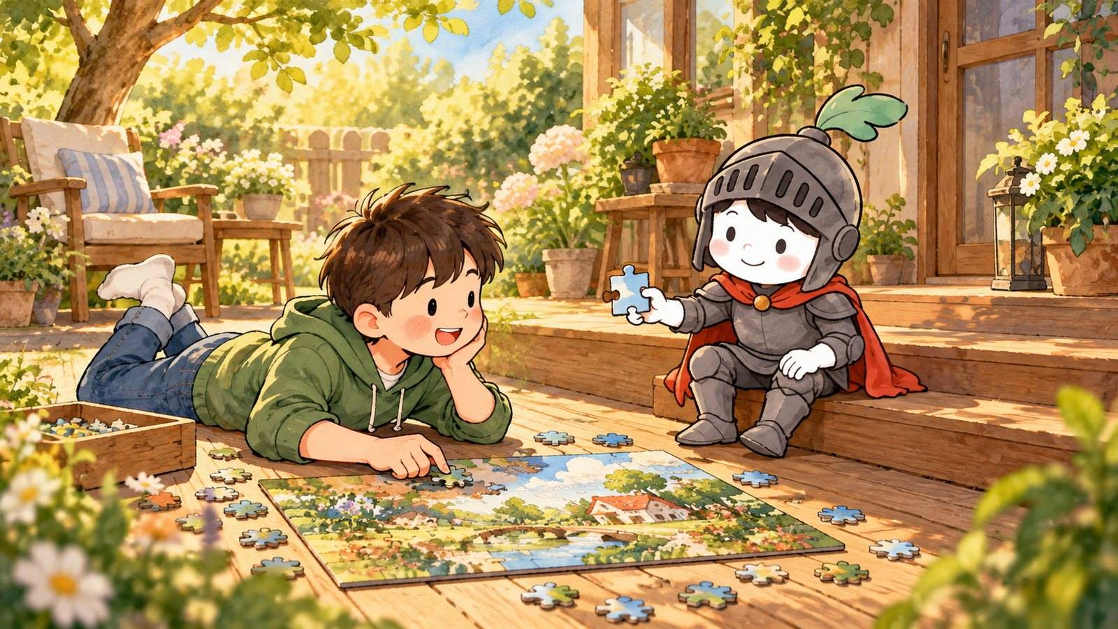 A sunny day in a garden: a nine-year-old boy lies on a wooden deck over a big jigsaw puzzle that is nearly finished, and the Gardion knight sits on the step beside him holding out the missing piece.