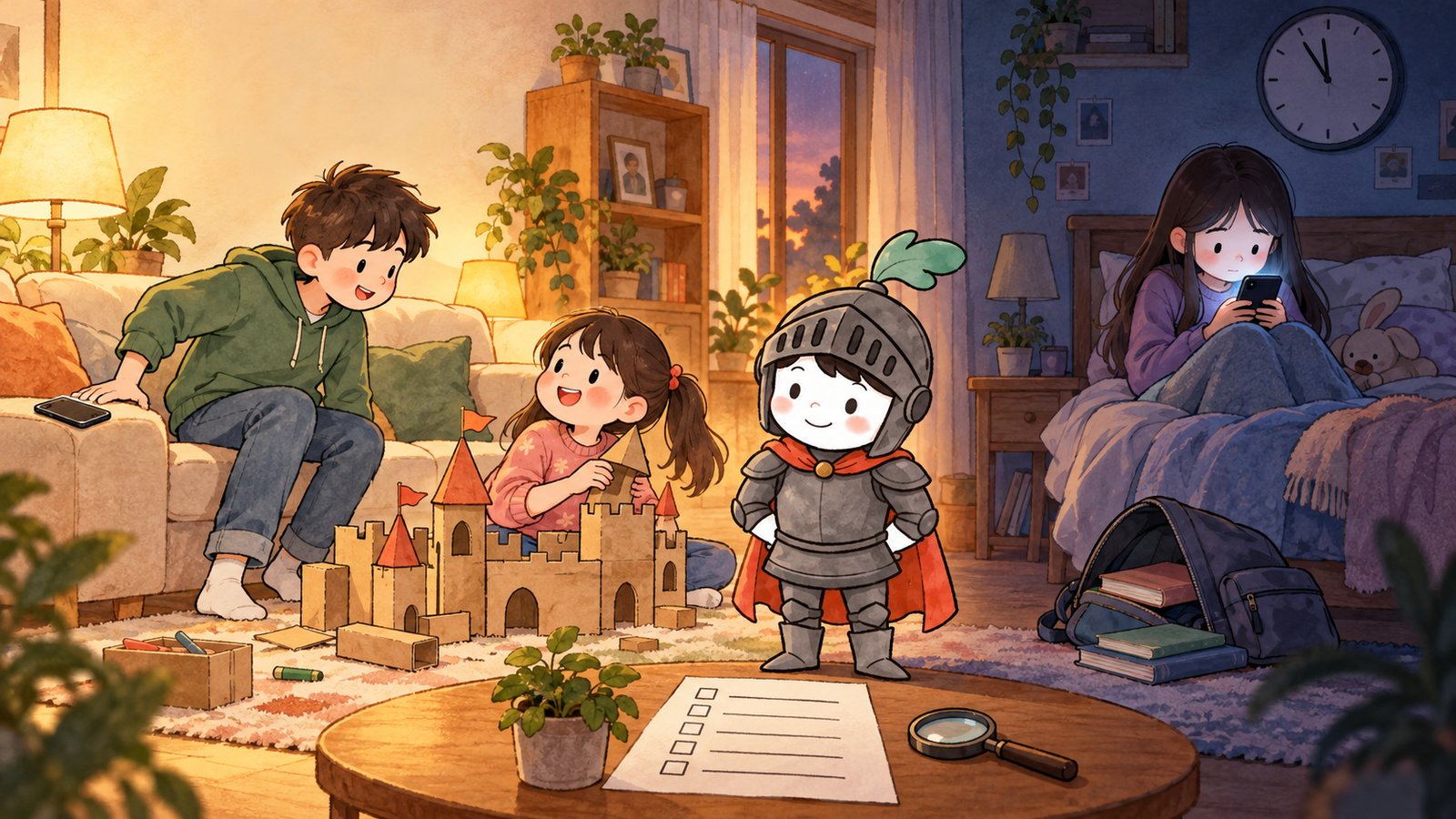One evening, two moments: a teenage boy sets his phone down to build a cardboard castle with his sister, while a girl sits on her bed late at night lit by her phone; a six-item checklist and a magnifying glass lie on the coffee table next to the Gardion knight.