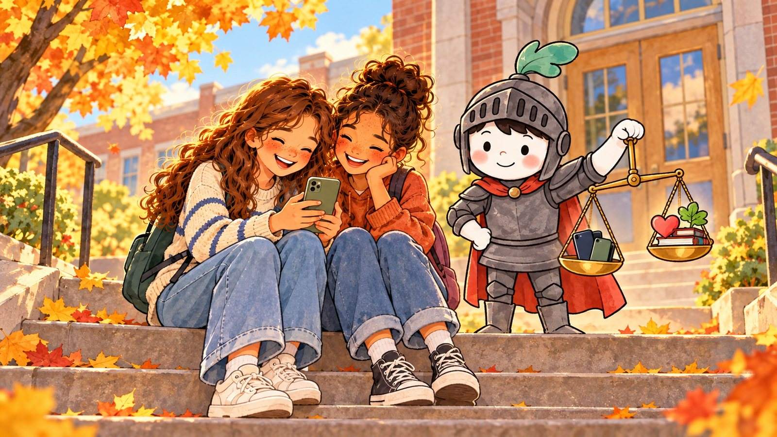 An autumn day on the school steps: two teenage girls sit side by side laughing at one phone, and the Gardion knight stands next to them holding a set of brass scales.