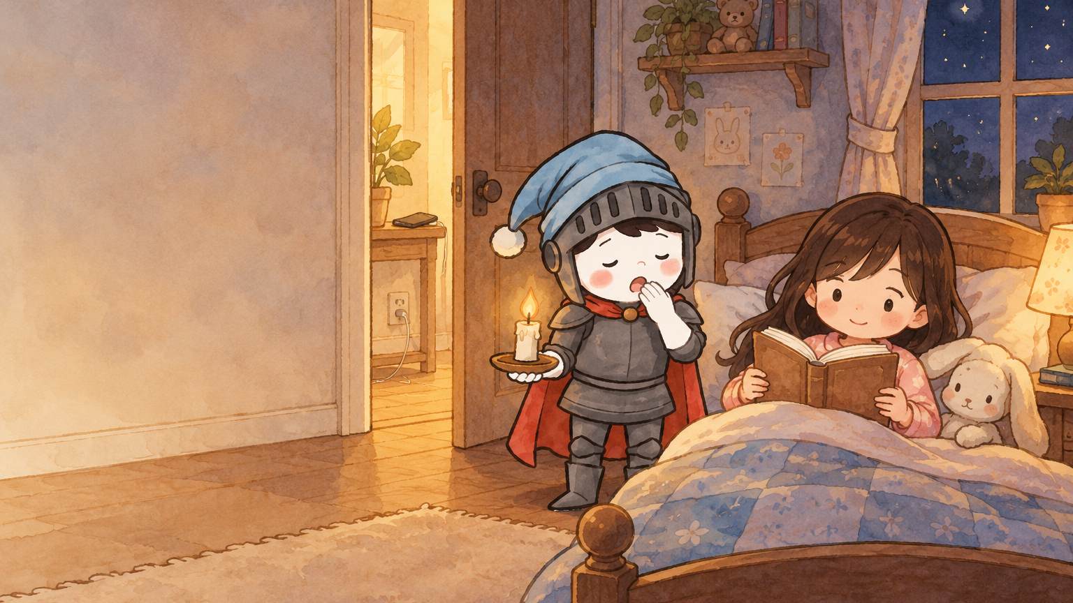 Evening in a child's room: a phone charges in the hallway behind a half-open door while a girl reads in bed by a night-light, and the Gardion knight in a nightcap yawns nearby.