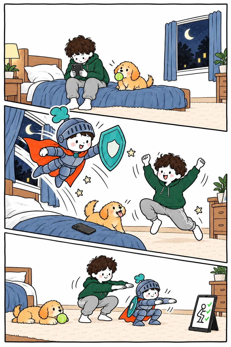 Comic, page one: a boy sits with his phone in the evening; the Gardion knight flies in through the window and the boy jumps up; the boy and the knight do squats while a phone on a stand counts the moves