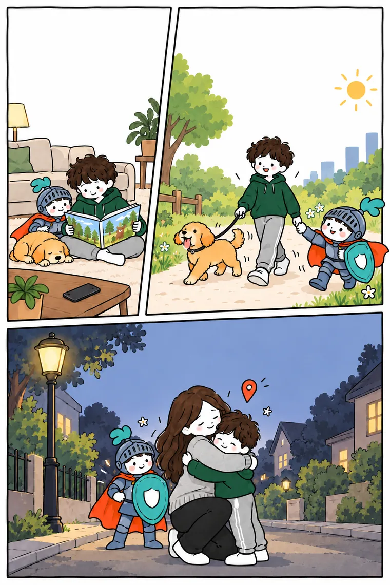 Comic, page two: the boy and the knight read a book on the rug; the boy walks his puppy with the knight beside him; mom hugs her son on an evening street under a map pin
