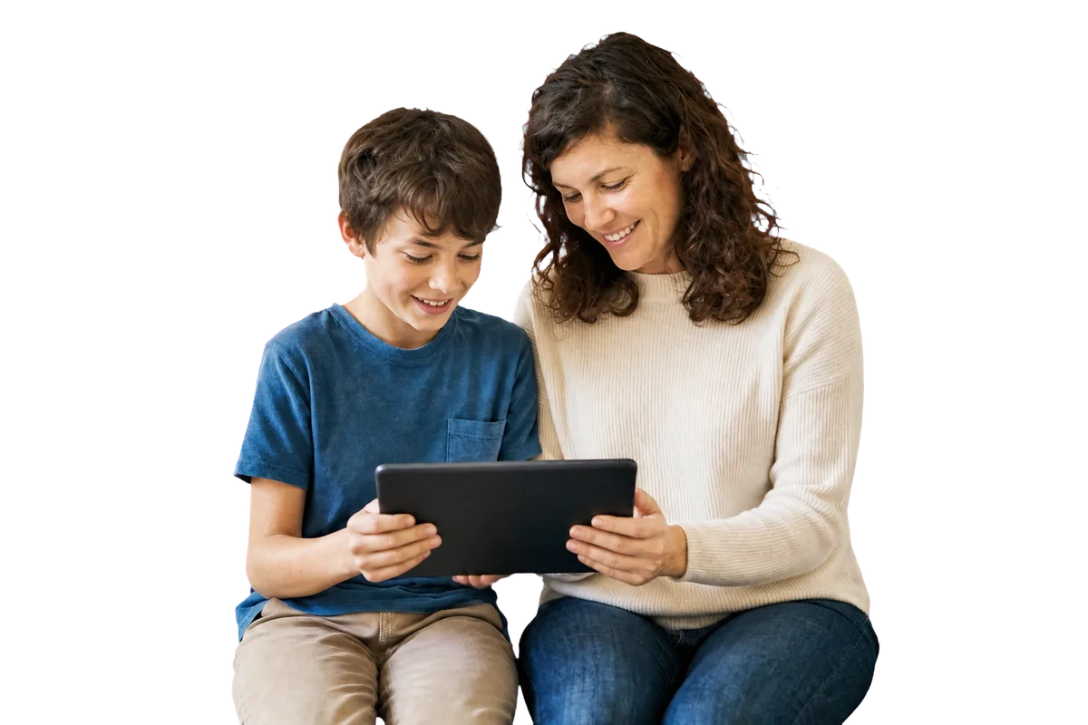 a mother and son viewing Gardion on a tablet together