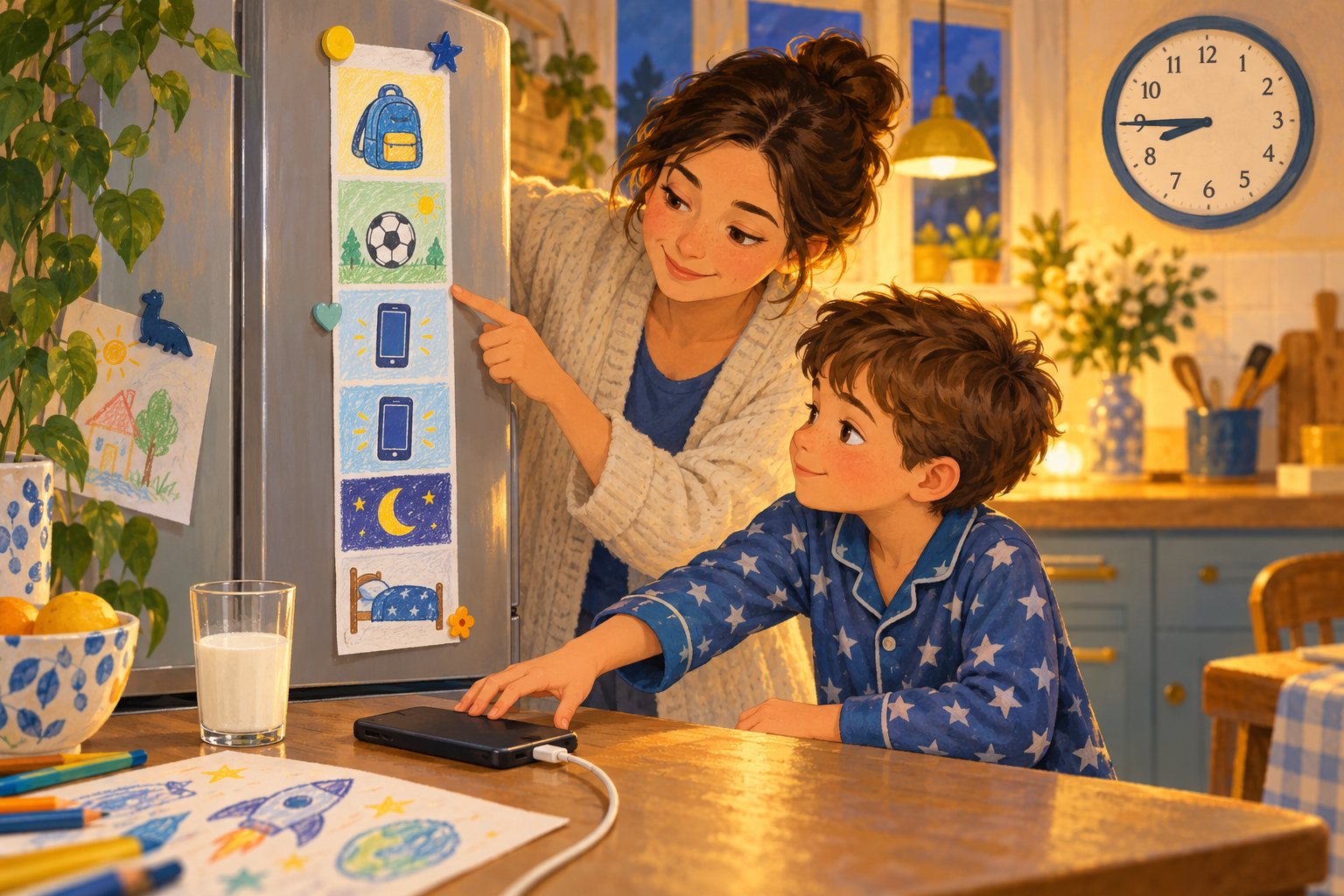 A mother points her son to a hand-drawn day plan on the fridge while his phone charges on the counter